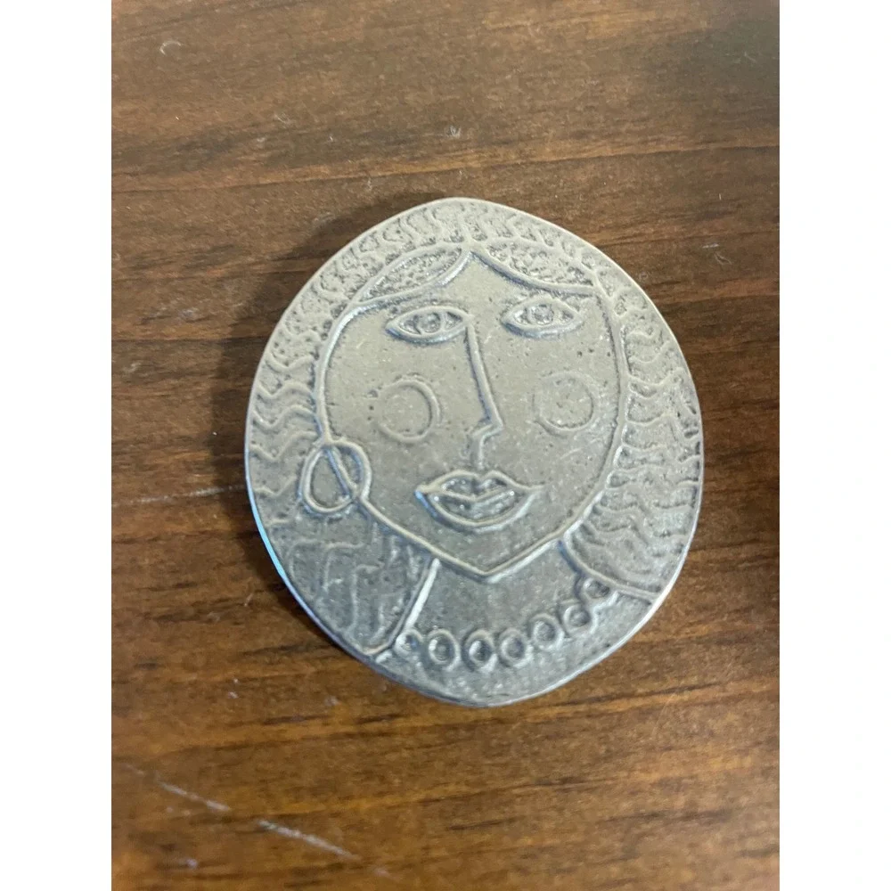 Vintage Style Silver Tone Picasso Face Pocket Mirror Compact Embossed Art Deco